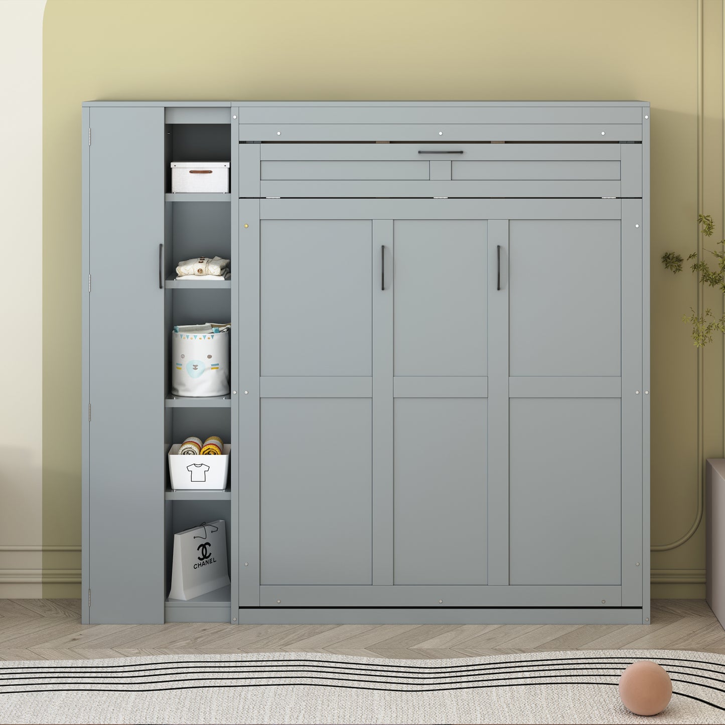 Full Size Murphy Bed Wall Bed with Shelves, Wardrobe, and LED Lights in Gray