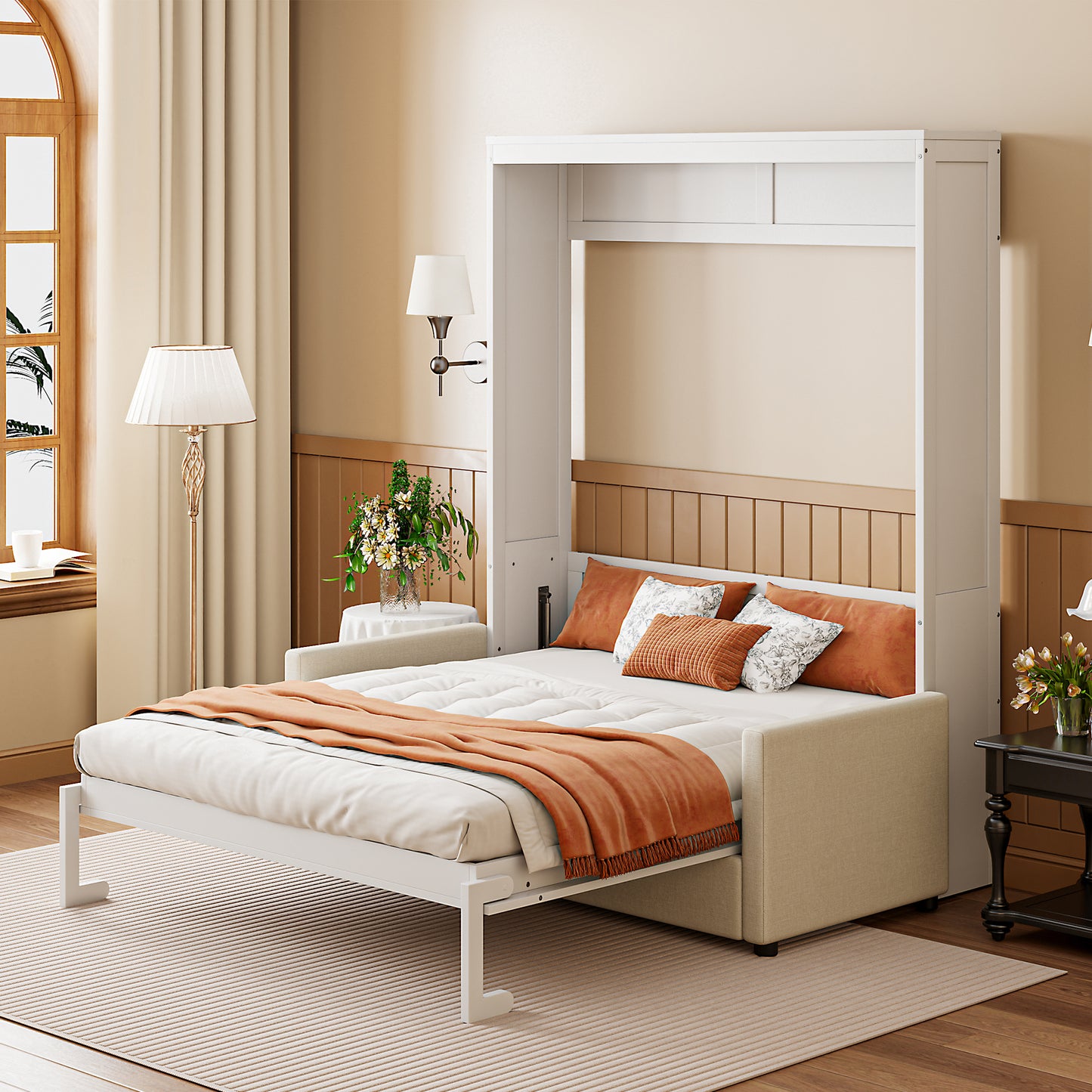Full Size Murphy Bed Wall Bed with Cushion in White – Space Saving Solution
