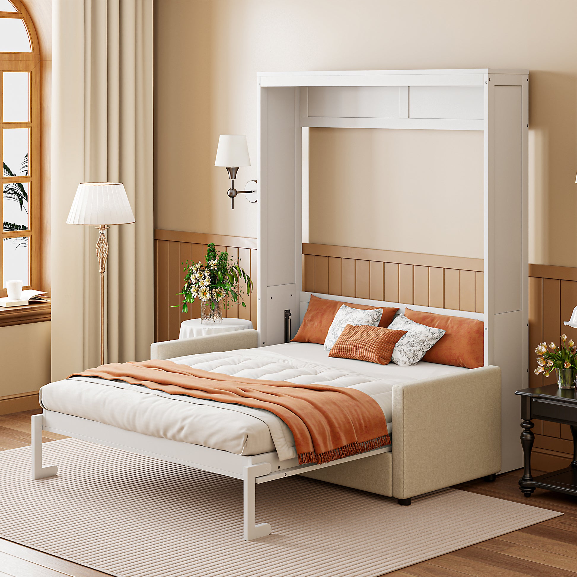 Full Size Murphy Bed Wall Bed with Cushion in White – Space Saving Solution