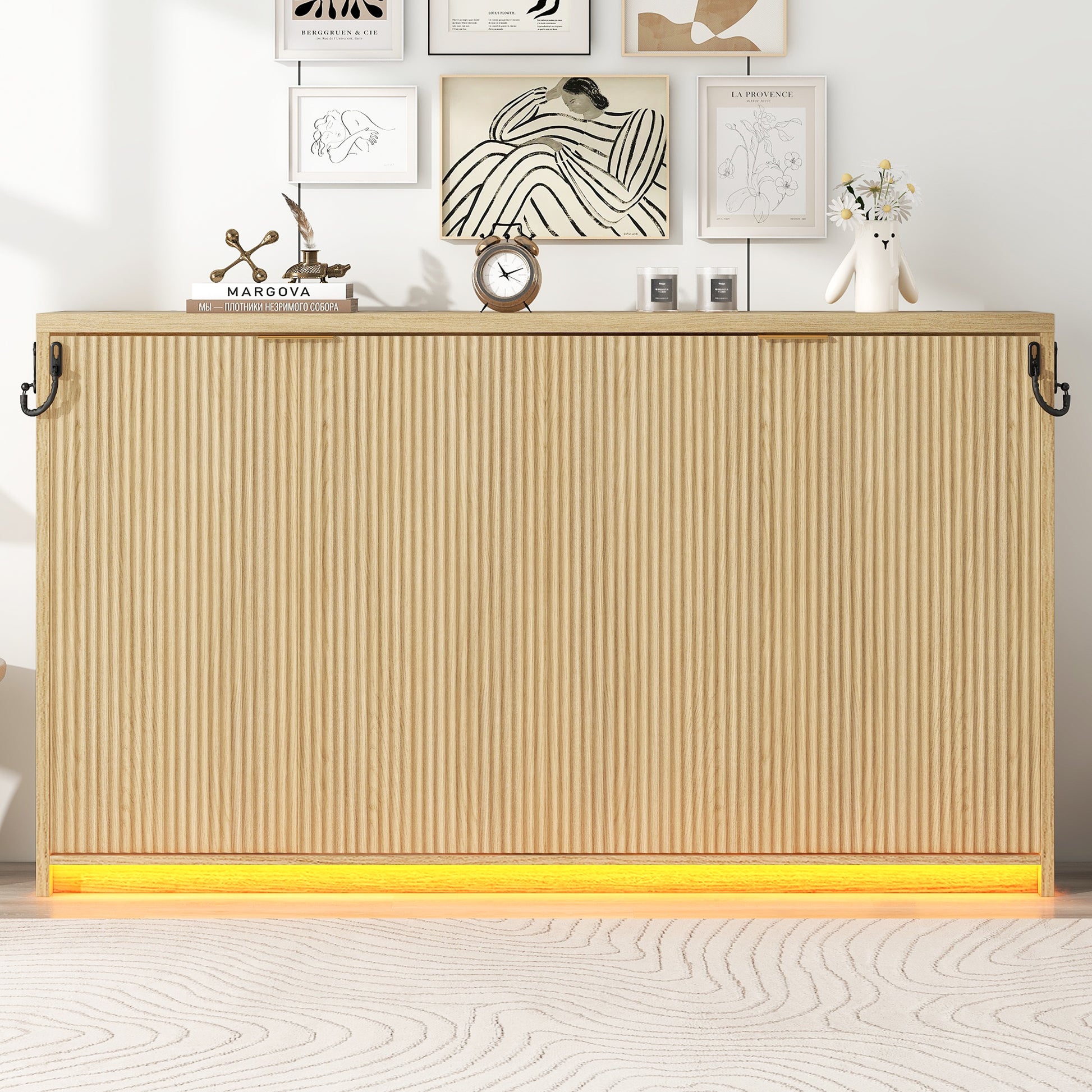 Twin XL Size Murphy Bed with LED Light - Foldable Cabinet, Natural Finish