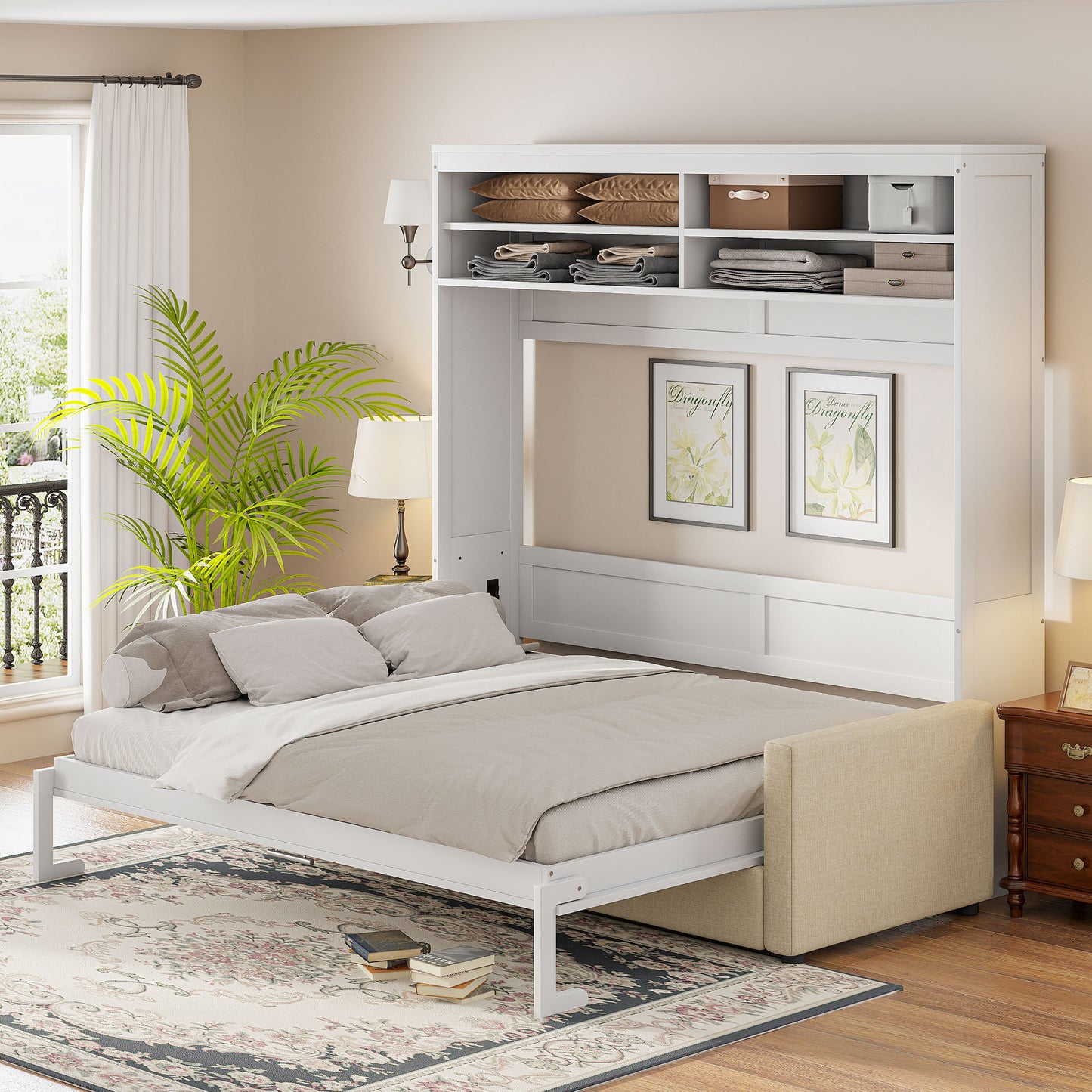 Queen Size Murphy Bed Wall Bed with Sofa, White - Space-Saving Convertible Furniture