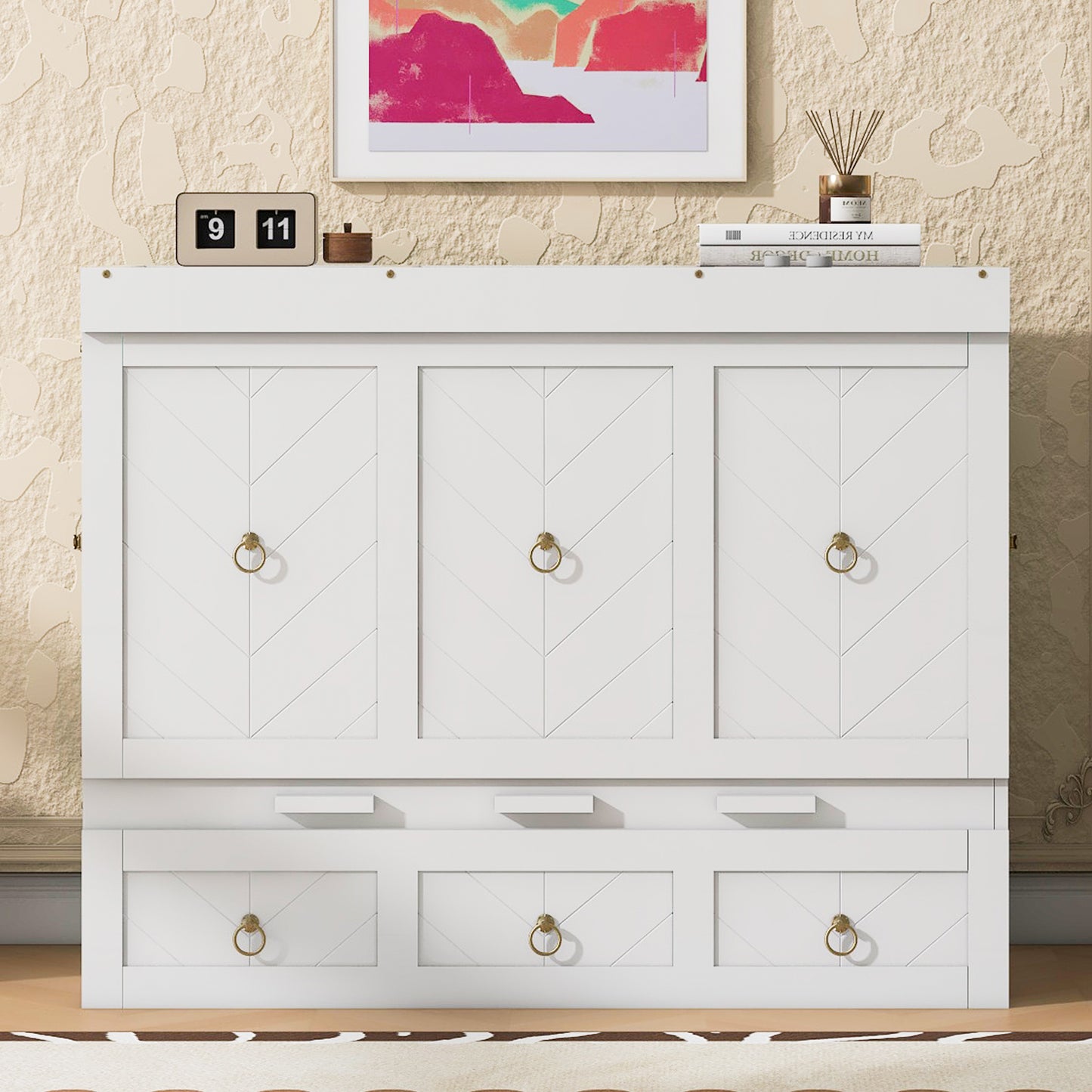 Full Size Murphy Bed with USB Port and a Large Drawer in White