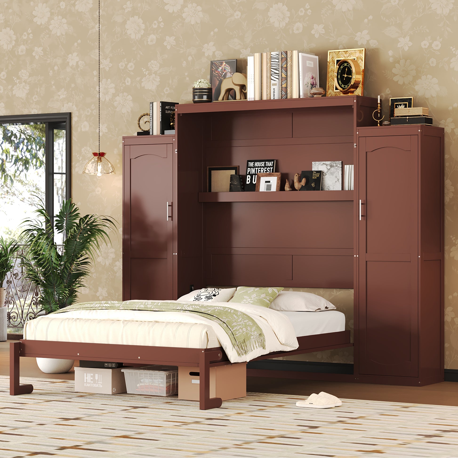 Queen Size Murphy Bed with Wardrobe and Storage Shelf - Walnut