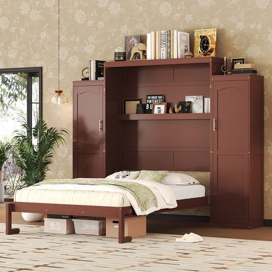 Queen Size Murphy Bed with Wardrobe and Storage Shelf - Walnut