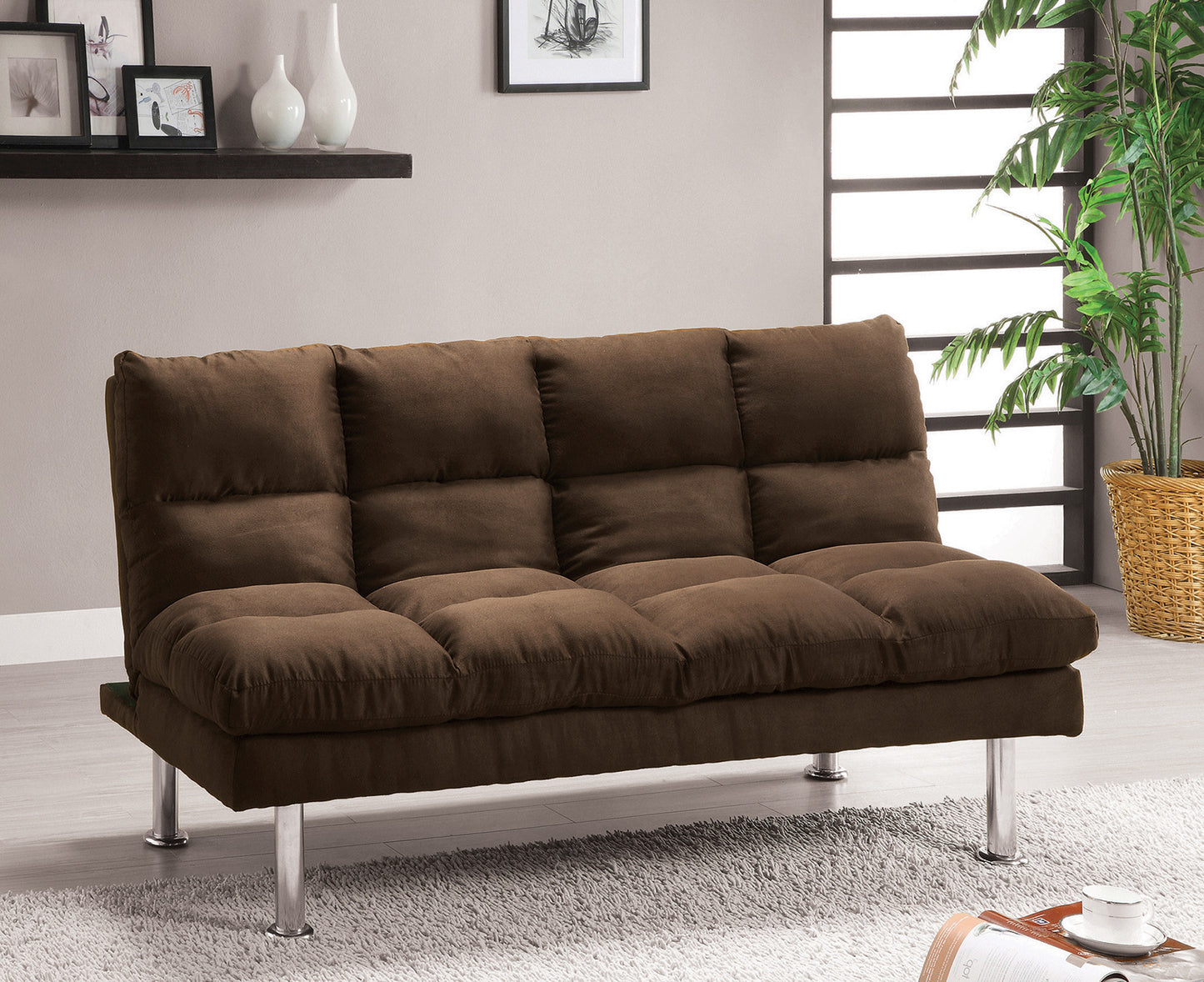 Contemporary Microfabric Futon Sofa Bed with Extra Leg Support and Chrome Base in Dark Brown Finish