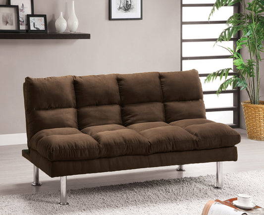 Contemporary Microfabric Futon Sofa Bed with Extra Leg Support and Chrome Base in Dark Brown Finish