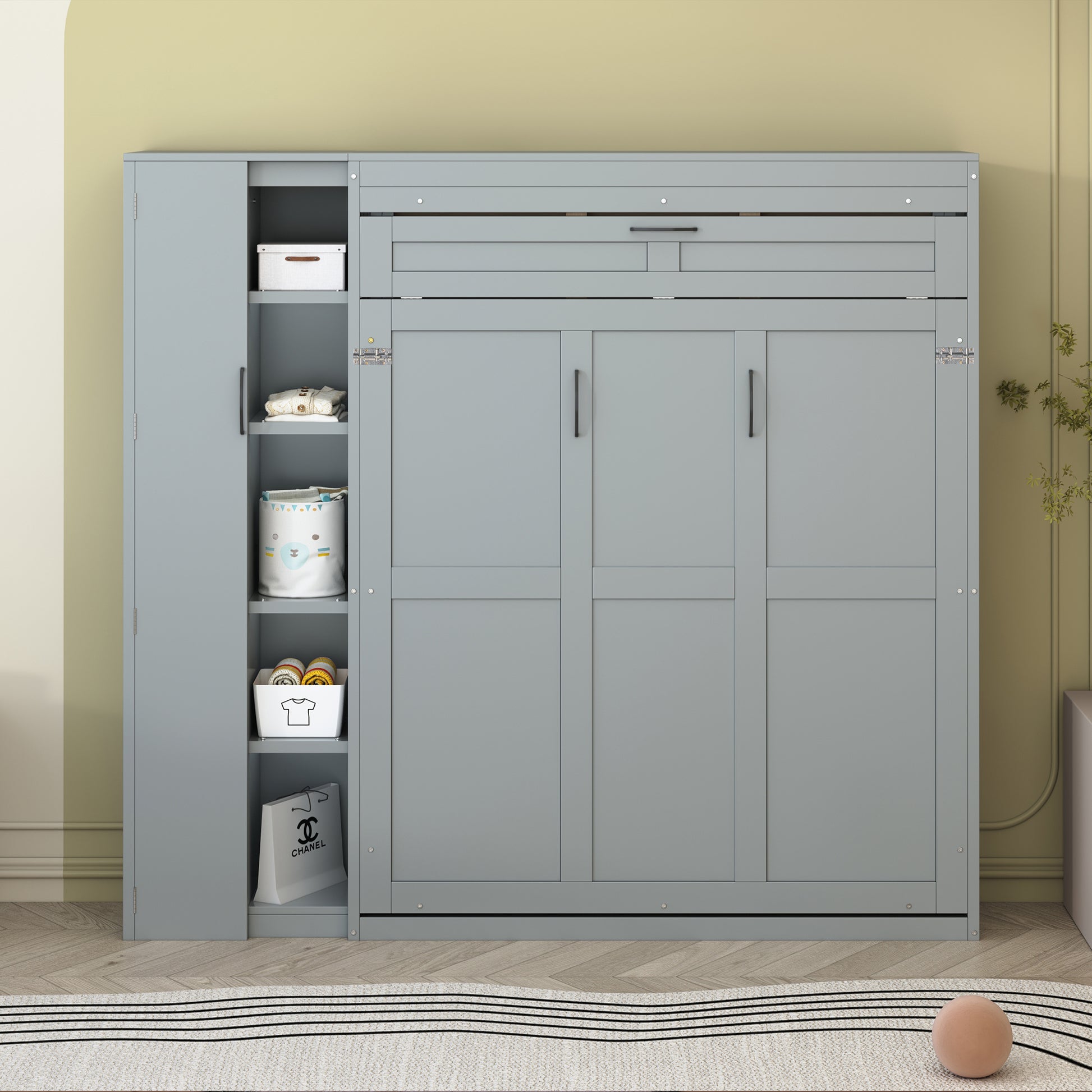 Full Size Murphy Bed Wall Bed with Shelves, Wardrobe and LED Lights - Gray