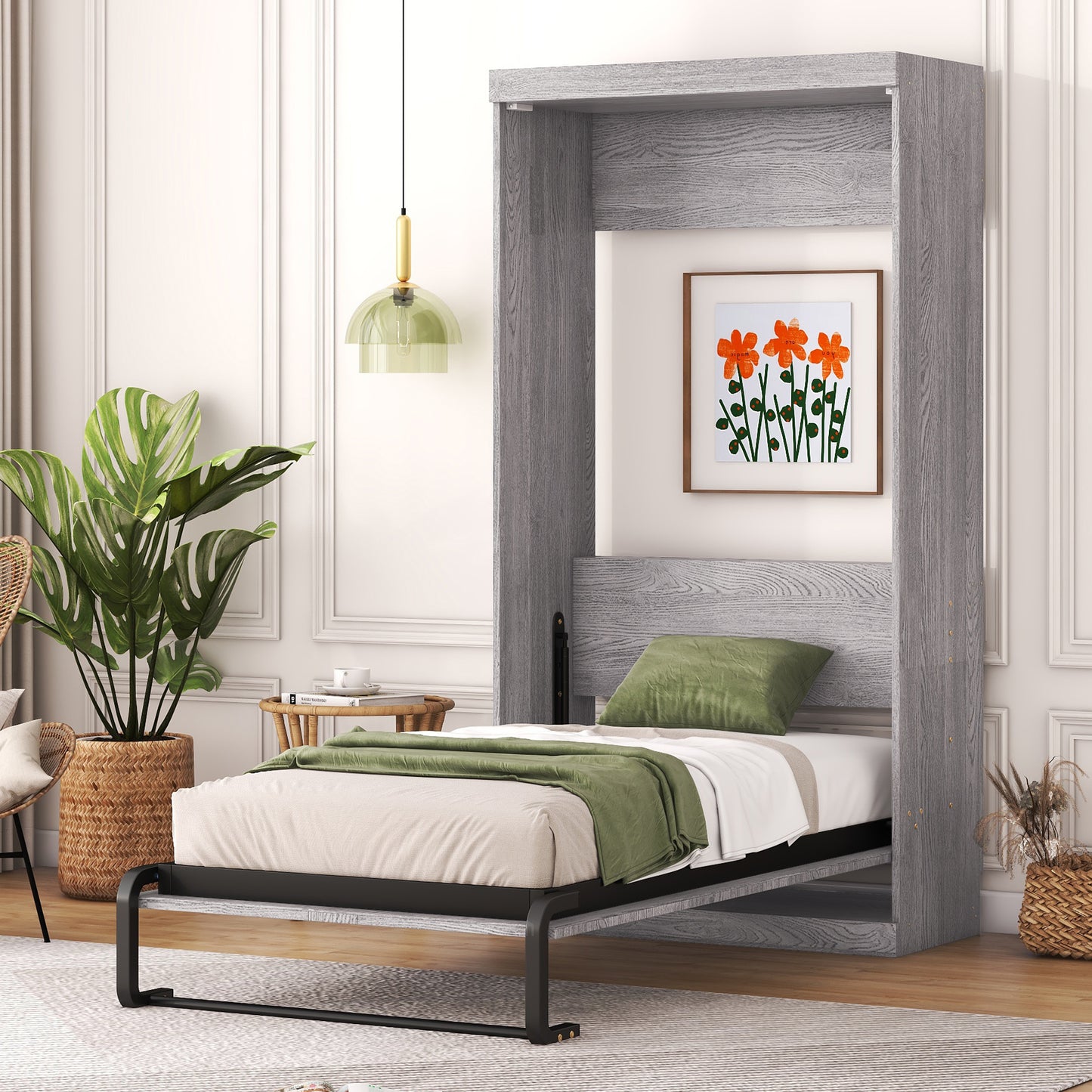 Twin Size Murphy Bed - Foldable Cabinet Design in Gray