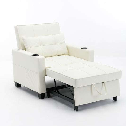 3-in-1 Convertible Futon Chair Bed with USB Ports - White Leather