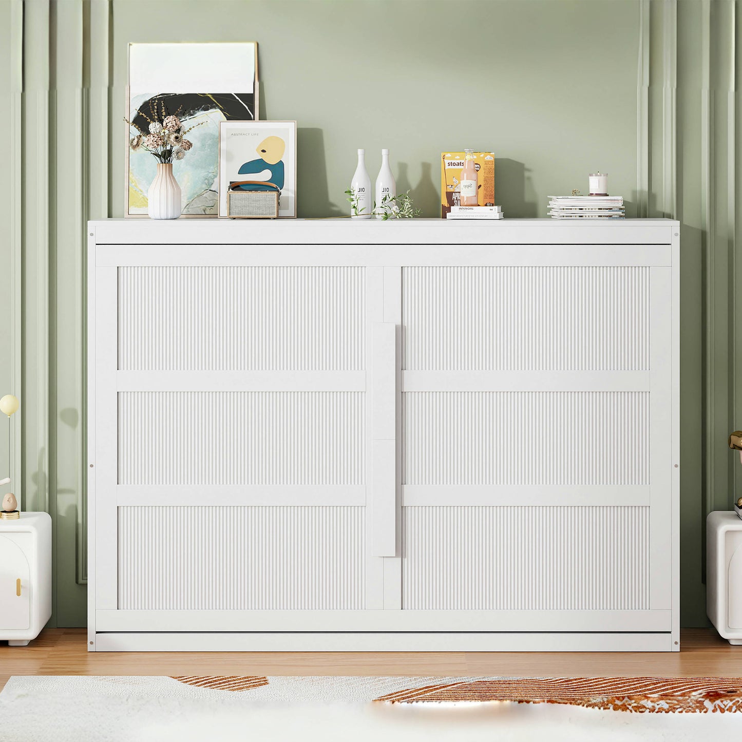 Queen Size Murphy Bed Wall Bed with Modern Design and LED Lights in White