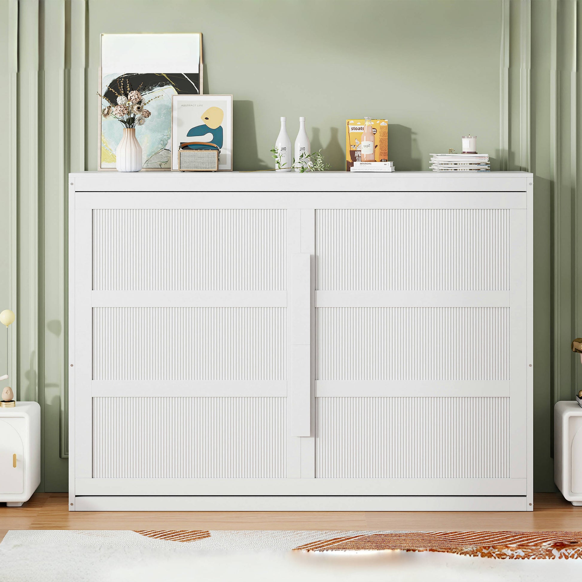 Queen Size Murphy Bed Wall Bed with Modern Design and LED Lights in White