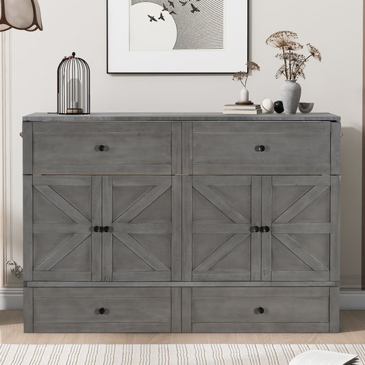 Queen Size Murphy Bed with Large Drawers & USB Ports in Brushed Gray