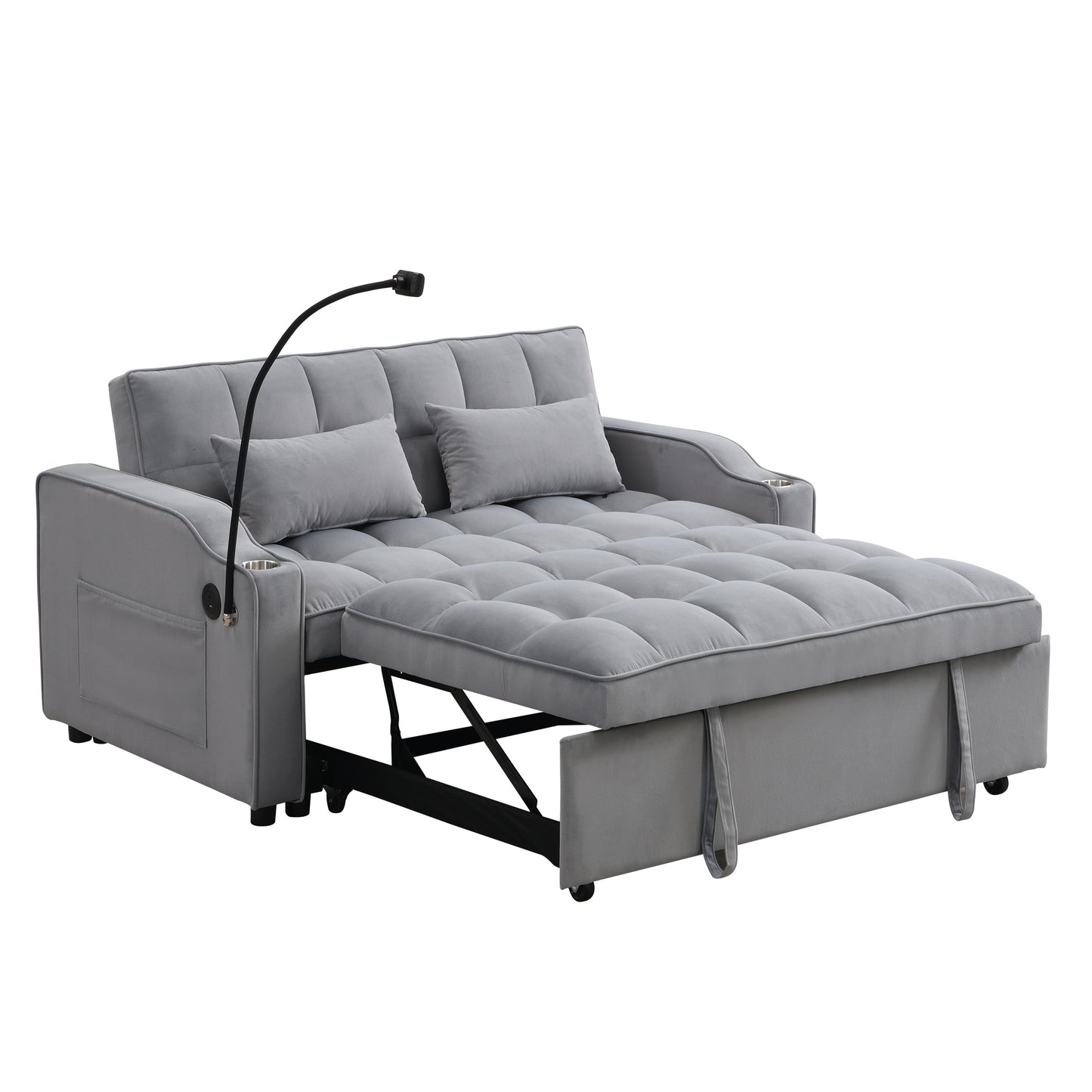 Modern Velvet Loveseat Futon Sofa Couch with Pullout Bed - Light Gray