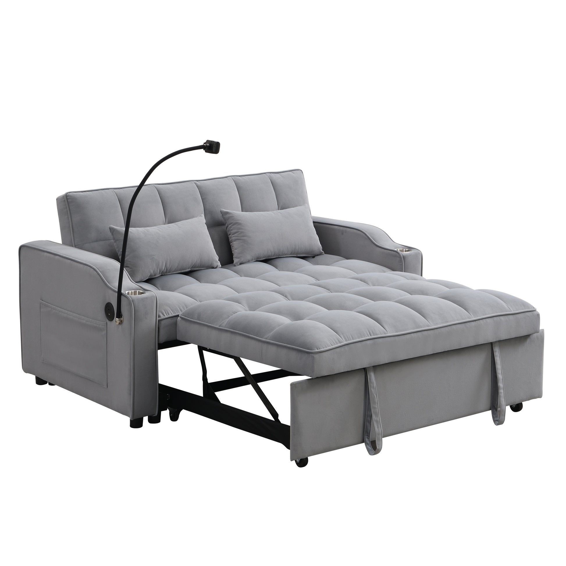 Modern Velvet Loveseat Futon Sofa Couch with Pullout Bed - Light Gray