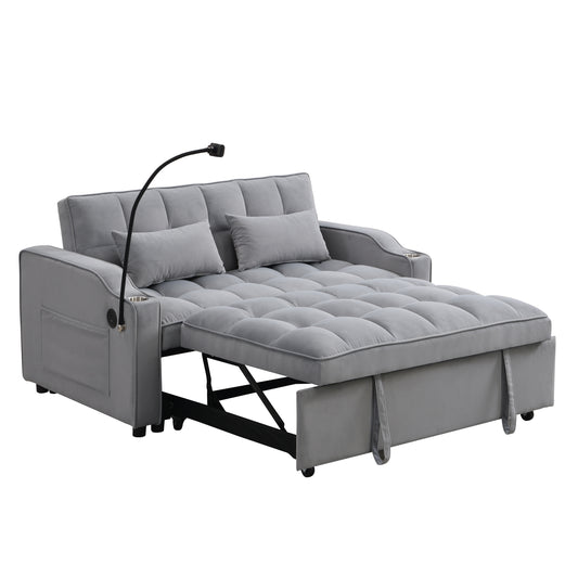Modern Velvet Loveseat Futon Sofa Couch with Pullout Bed - Light Gray