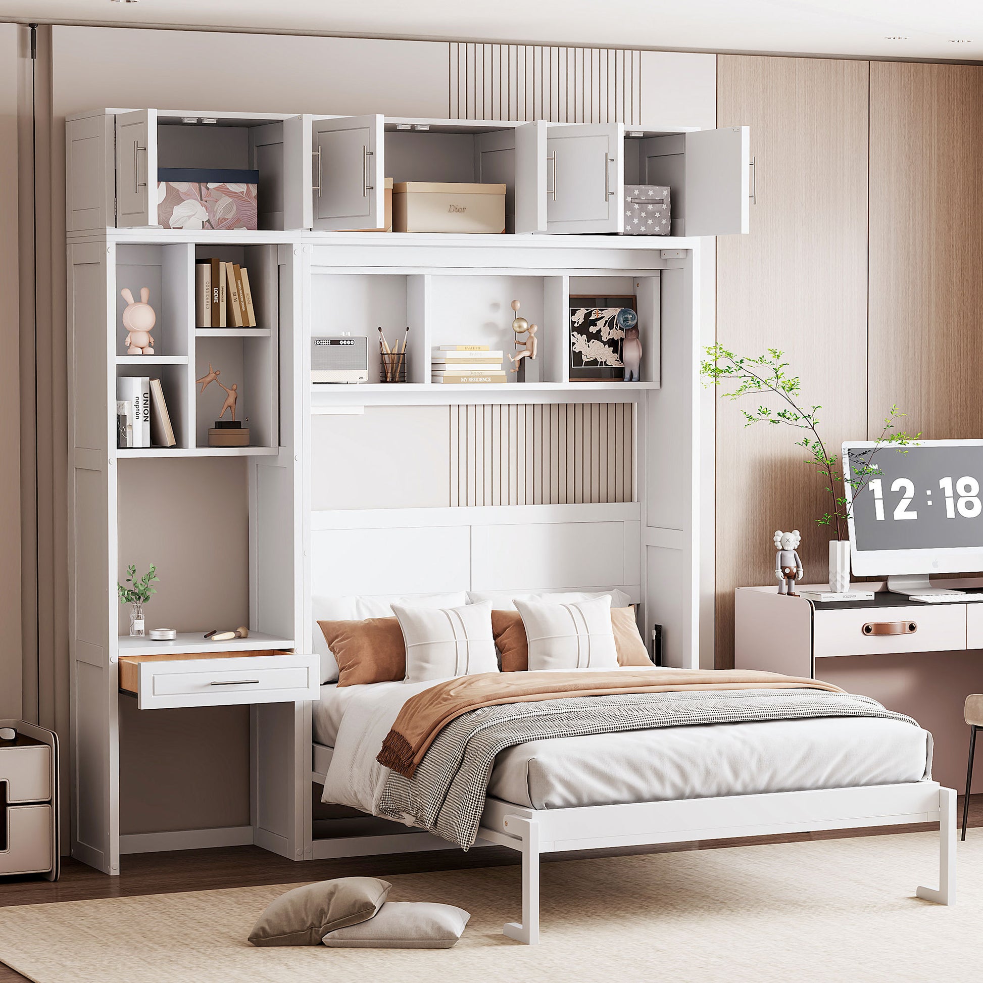 Full Size Wall Murphy Bed with Desk, Top Cabinet and Storage Shelves - Space Saving Solution in White