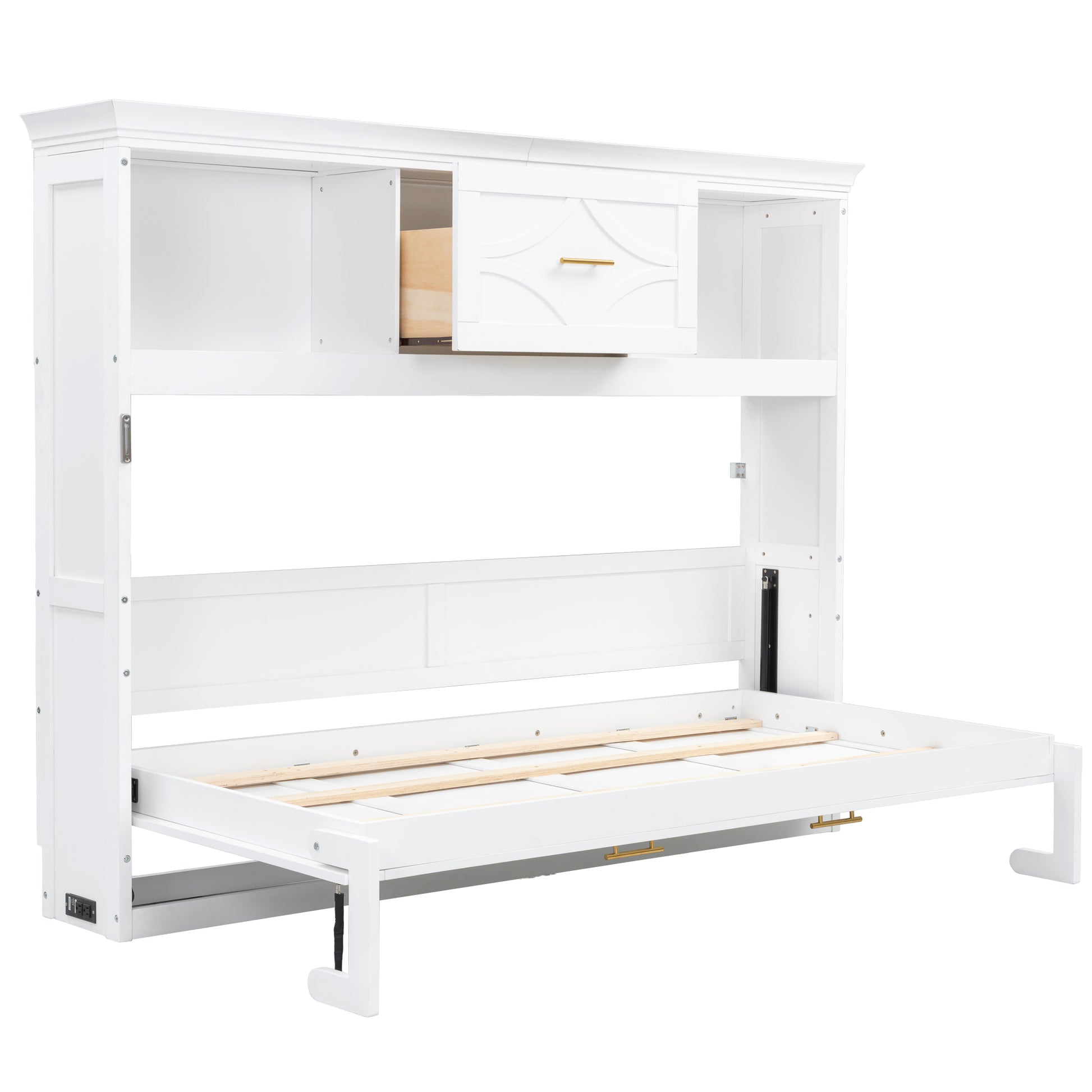 White Twin Size Murphy Bed with Charging Station and Drawer - Solid Pine Wood & MDF