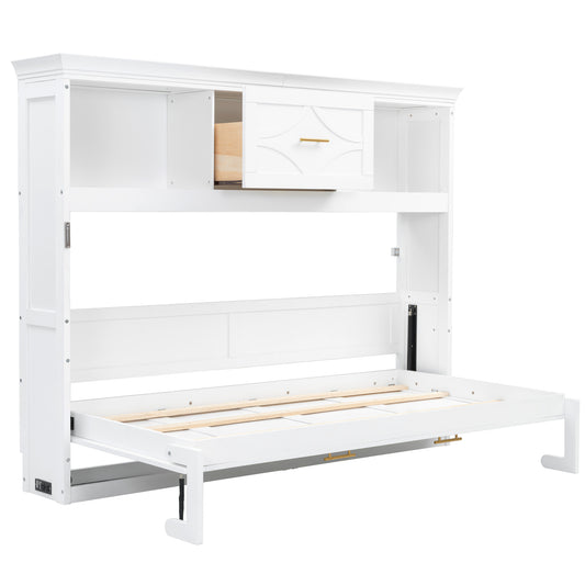 White Twin Size Murphy Bed with Charging Station and Drawer - Solid Pine Wood & MDF