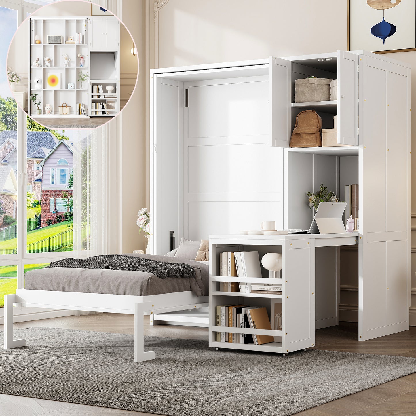Twin Size Rotating Wall Murphy Bed with Bookshelf & Extendable Desk - White