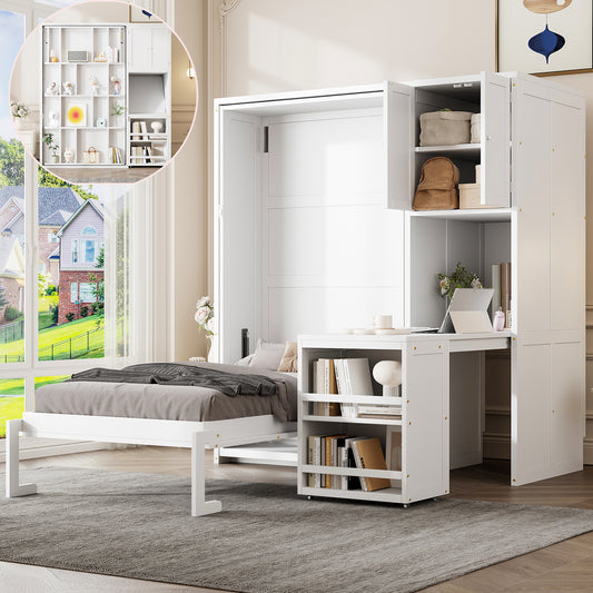 Twin Size Rotating Wall Murphy Bed with Bookshelf & Extendable Desk - White