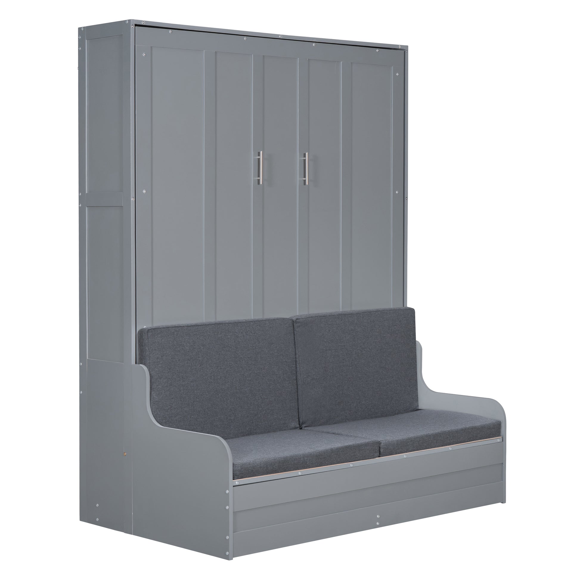 Queen Size Murphy Bed Wall Bed with Cushion - Space-Saving Gray Design