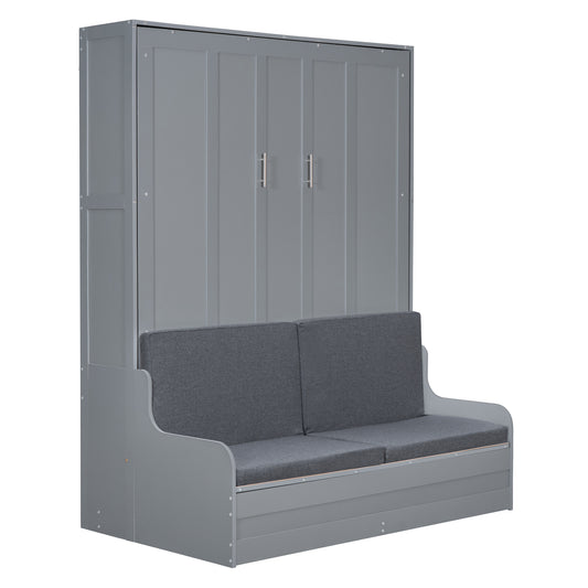 Queen Size Murphy Bed Wall Bed with Cushion - Space-Saving Gray Design