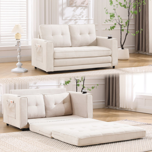 3-in-1 Upholstered Futon Sofa Bed - Compact Convertible Loveseat in Beige