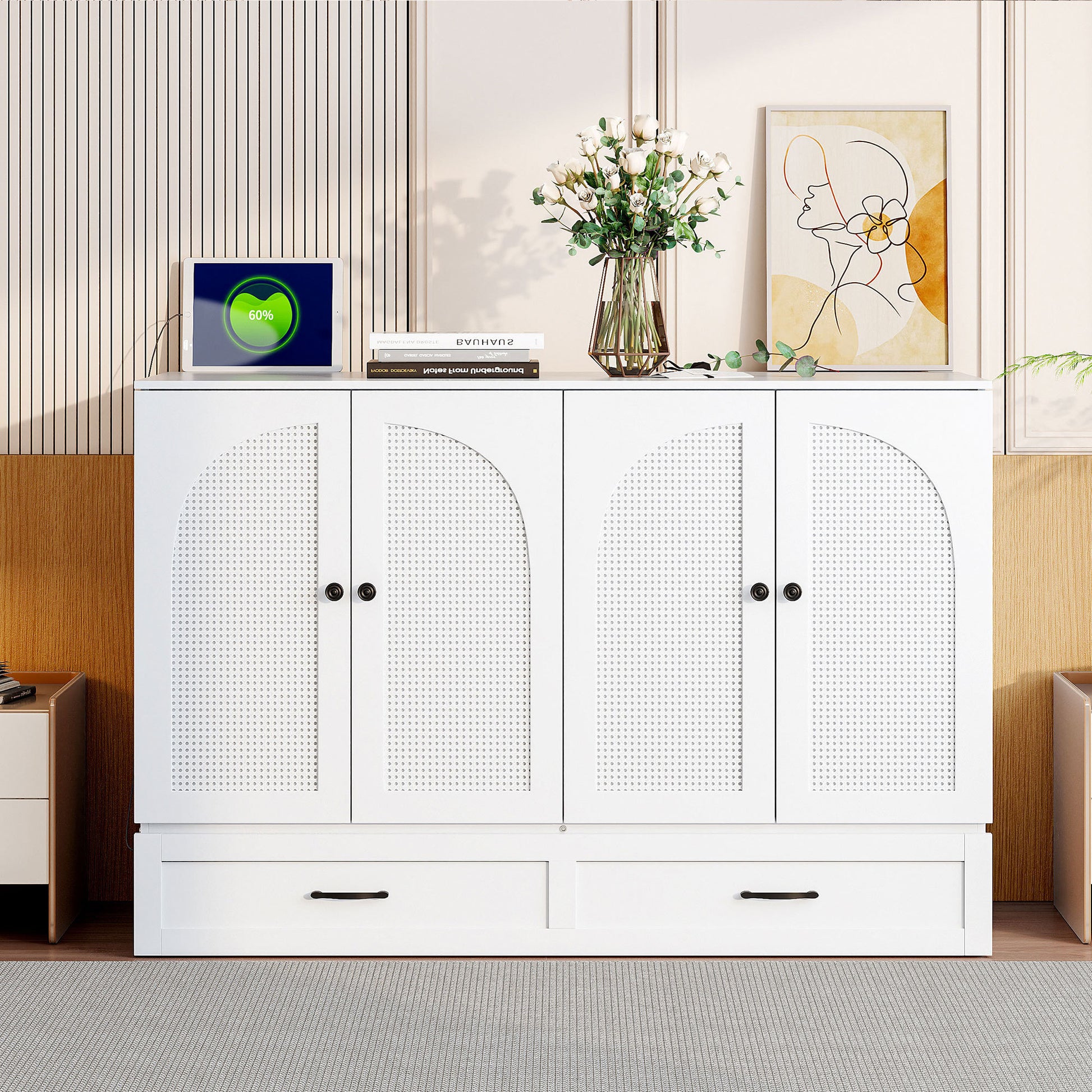 Full Size Murphy Bed with Large Drawers, White