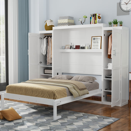 Queen Size Murphy Bed with 2 Wardrobe and Storage Shelf - Space-Saving Multifunctional Bedframe in White