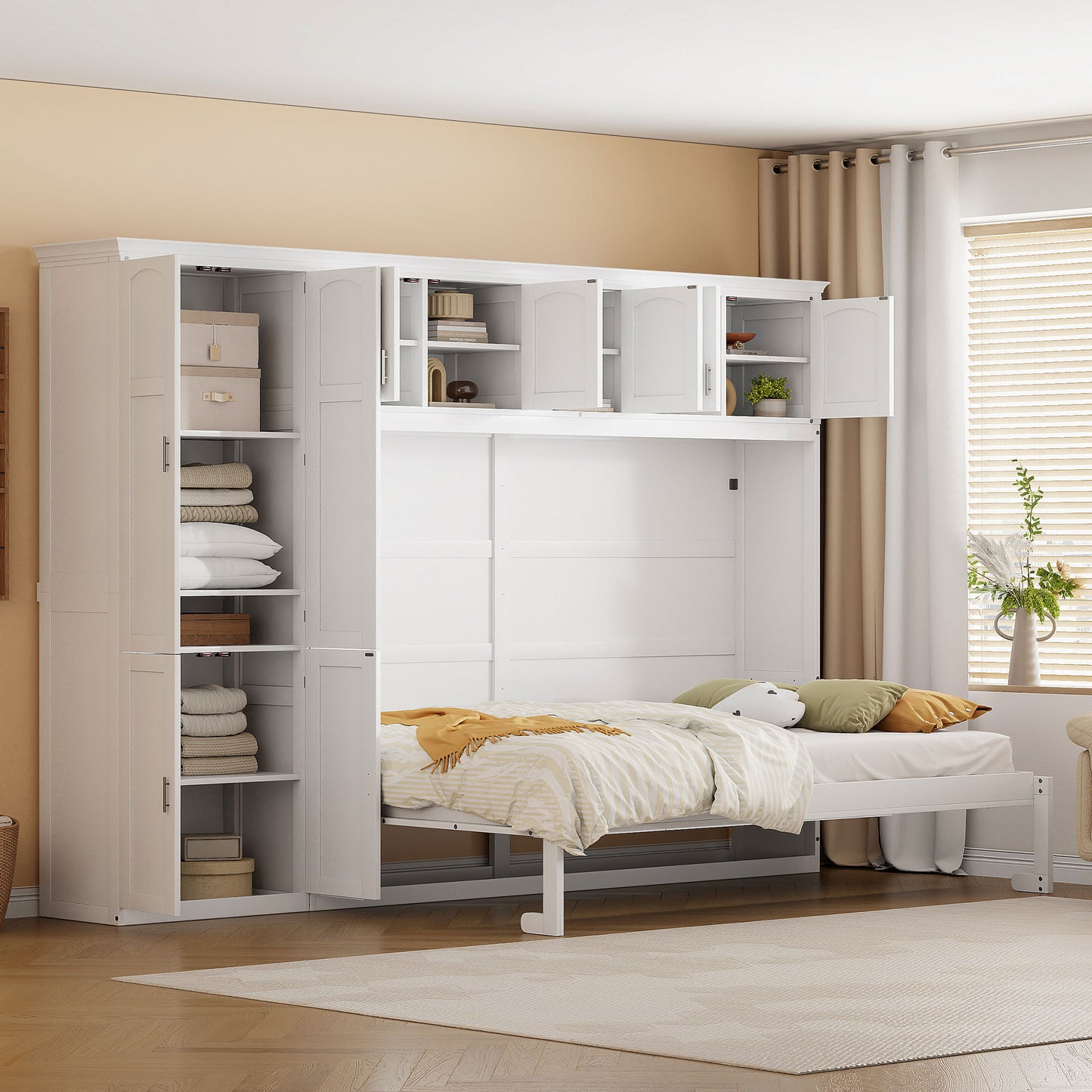 Queen Size Murphy Bed Wall Bed with Cabinets in White