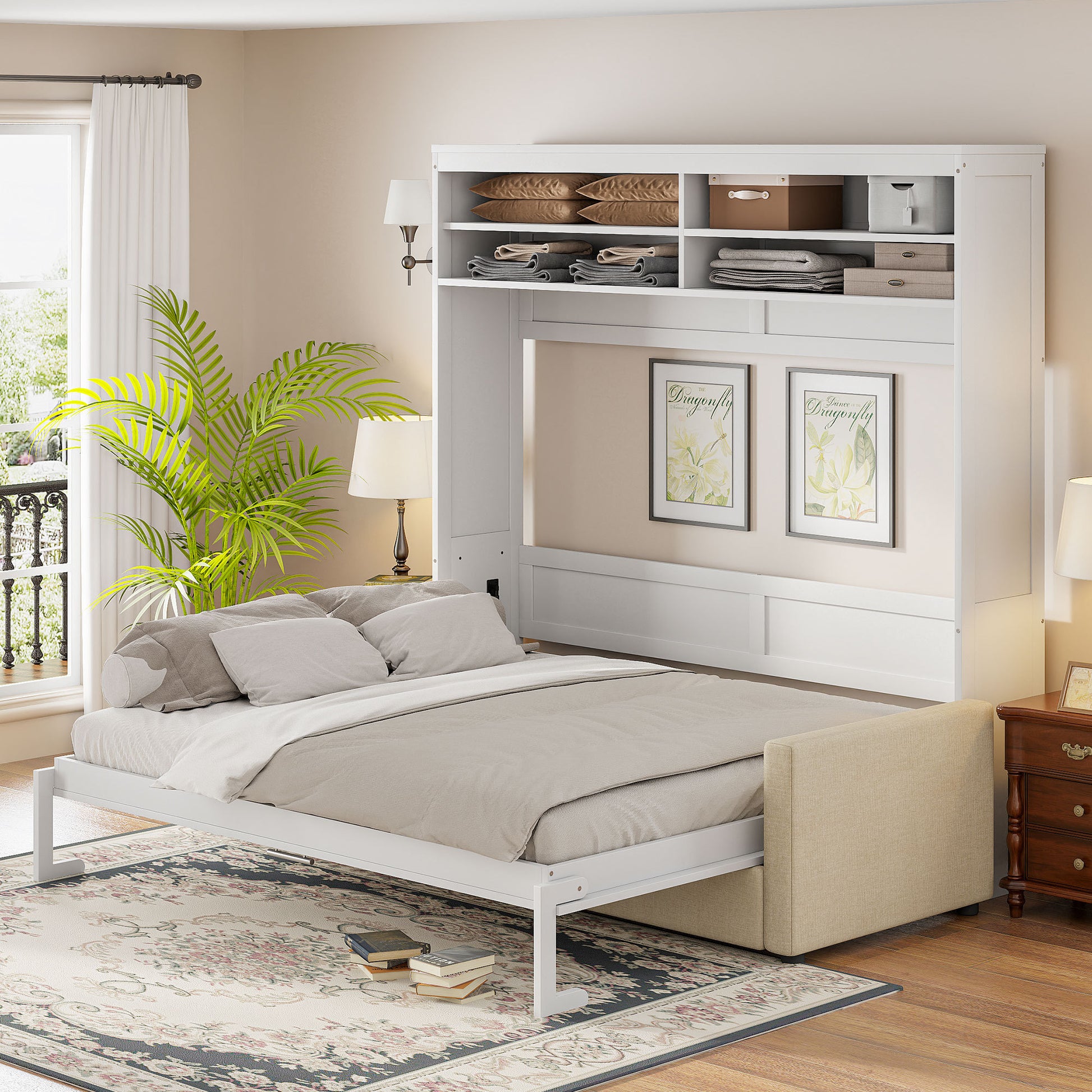 Queen Size Murphy Bed Wall Bed with Sofa - Space-Saving Design in White