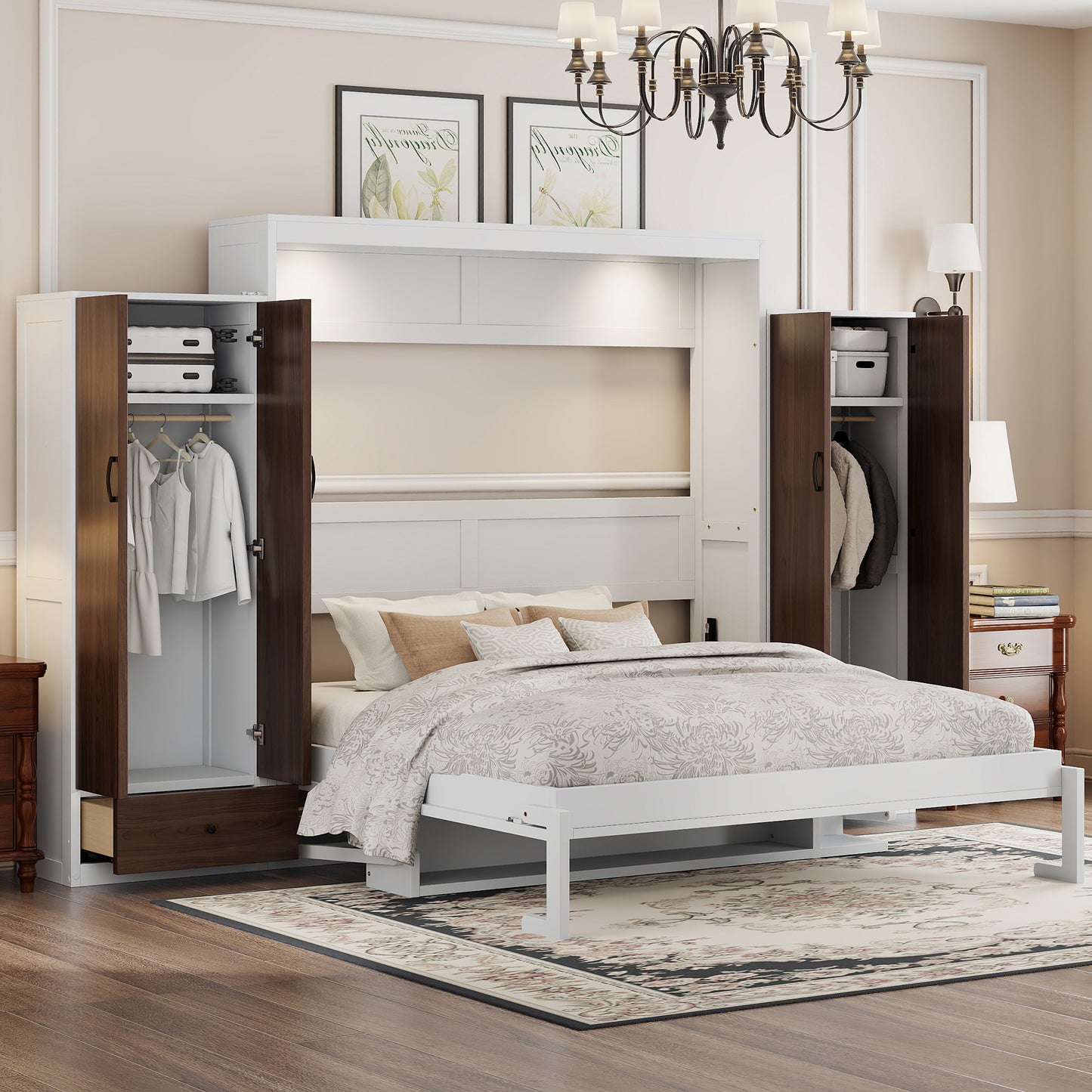 Queen Size Murphy Bed Wall Bed with Closet, Drawers and Table - Space Saving Solution