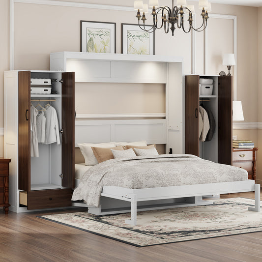 Queen Size Murphy Bed Wall Bed with Closet, Drawers and Table - Space Saving Solution