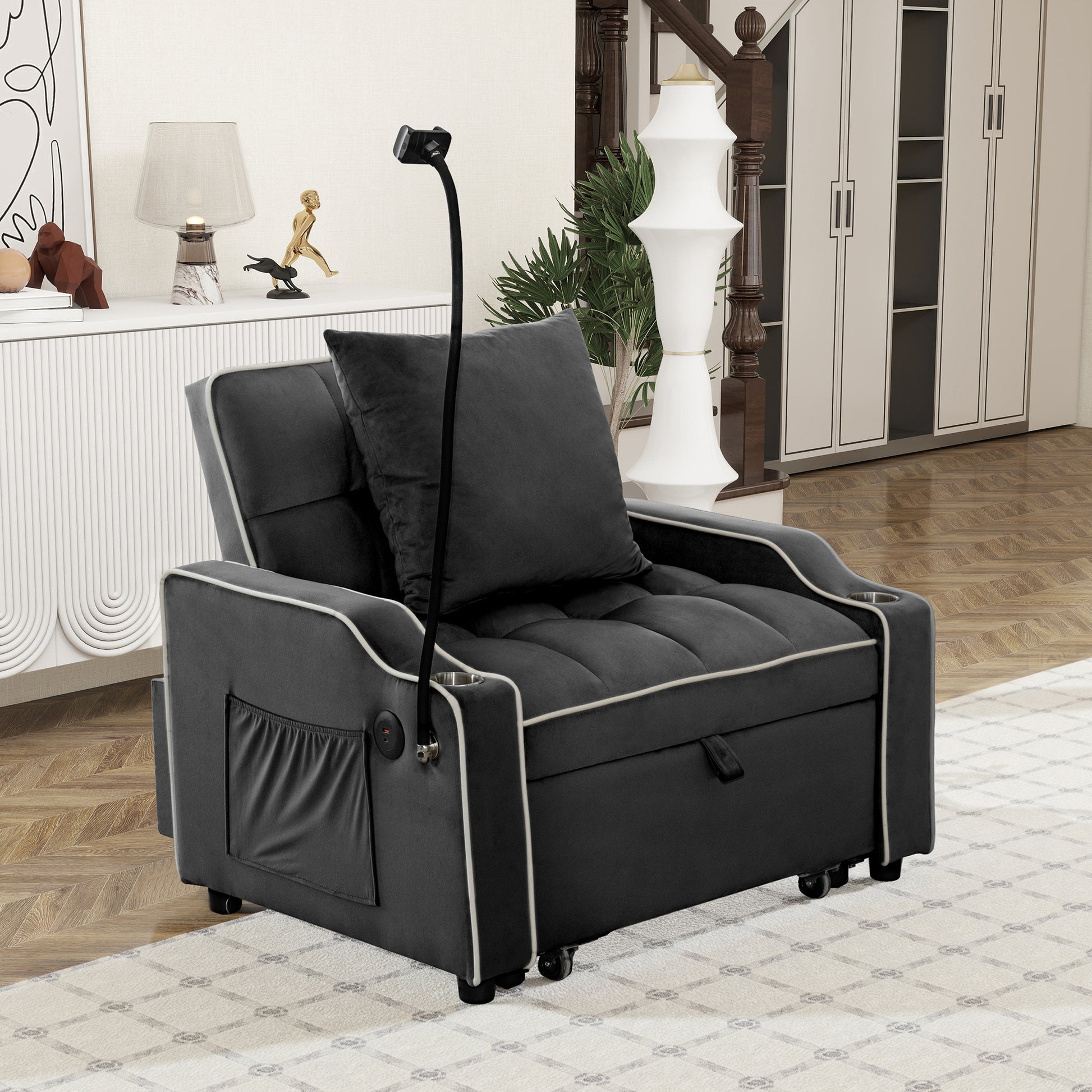 Convertible Single Chair Bed - 3 in 1 Velvet Futon Sleeper Sofa with USB Ports