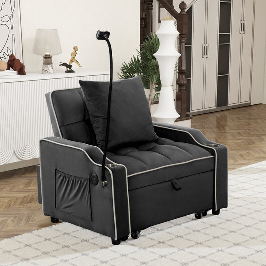 Convertible Single Chair Bed - 3 in 1 Velvet Futon Sleeper Sofa with USB Ports