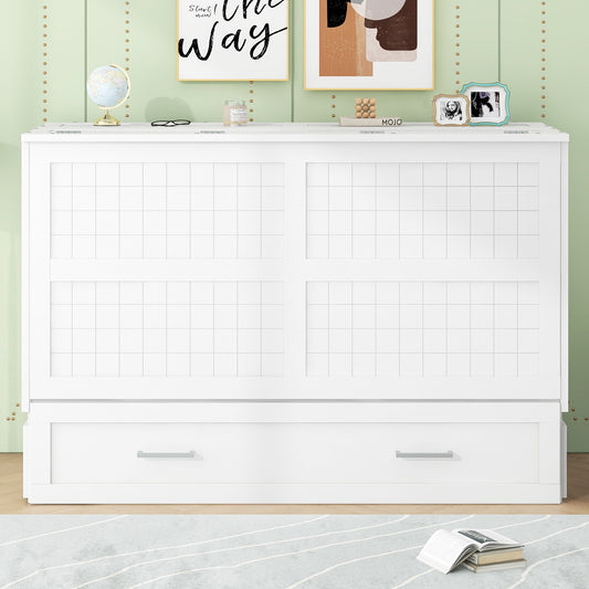 Queen Size Mobile Murphy Bed with Drawer and Shelves - White