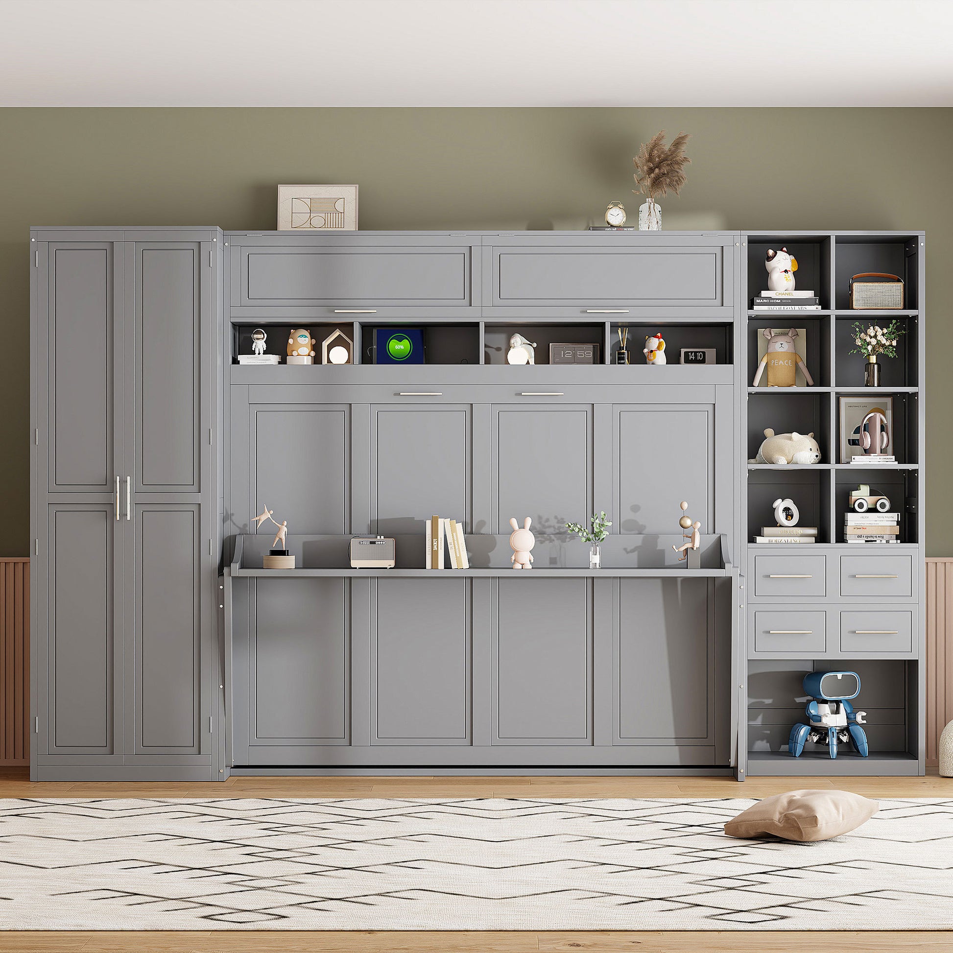 Queen Size Murphy Bed Wall Bed with Closet, Drawers and Shelves, Gray