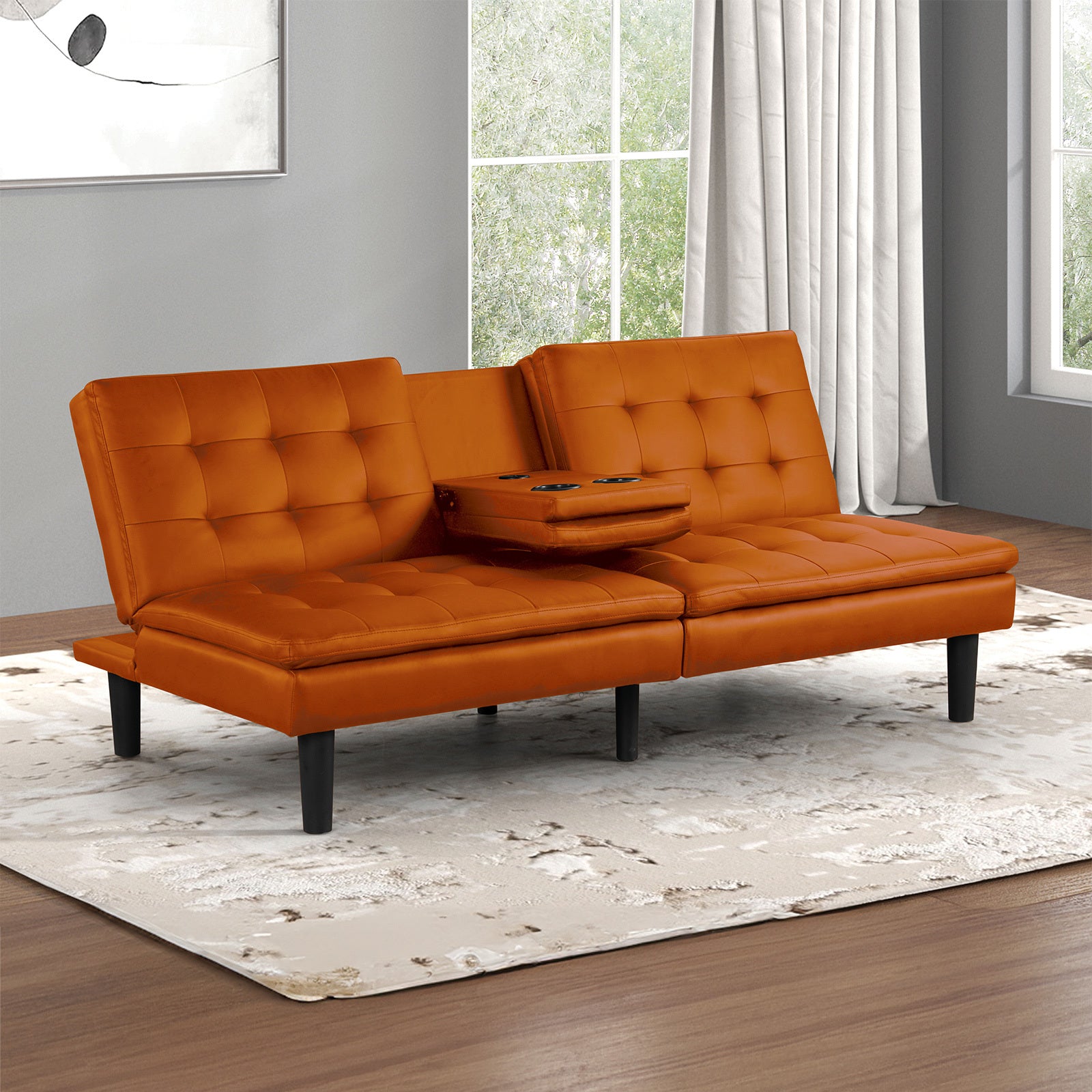 Contemporary Style Futon Sofa Bed with USB Chargers and Drop-Down Table in Orange