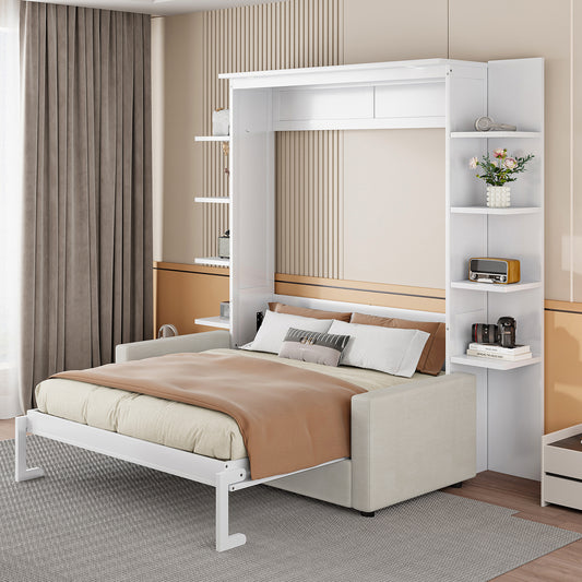 Queen Size Murphy Bed Wall Bed with Sofa - Space Saving Design in White