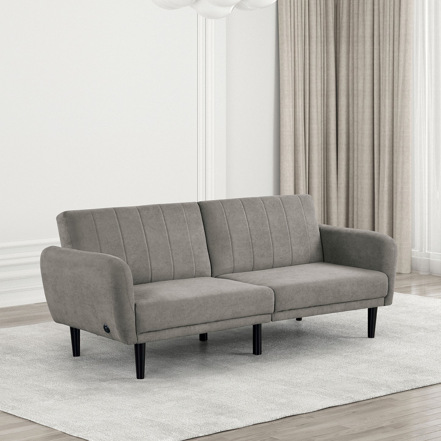 Gray Futon Sofa - Convertible Bed with Tufted Fabric & Iron Legs