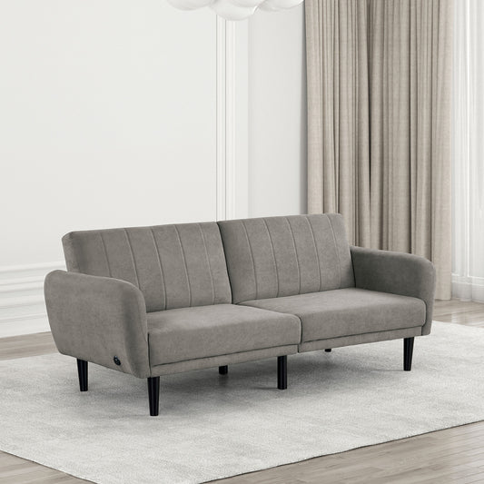 Gray Futon Sofa - Convertible Bed with Tufted Fabric & Iron Legs