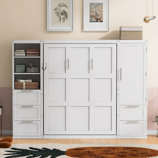 Queen Size Murphy Bed Wall Bed with Closet, Drawers and Shelves - White