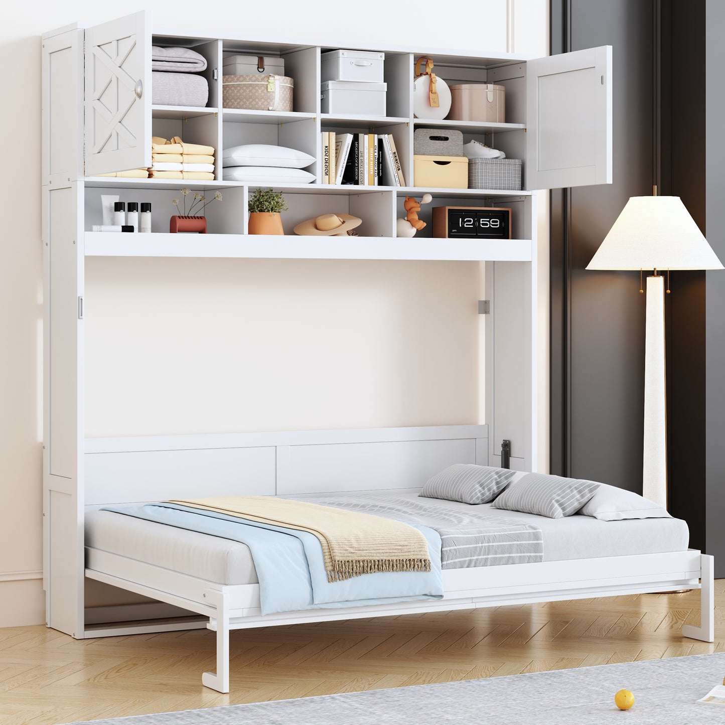 Queen Size Wall Murphy Bed with Ample Storage Space and Diamond Stripes in White