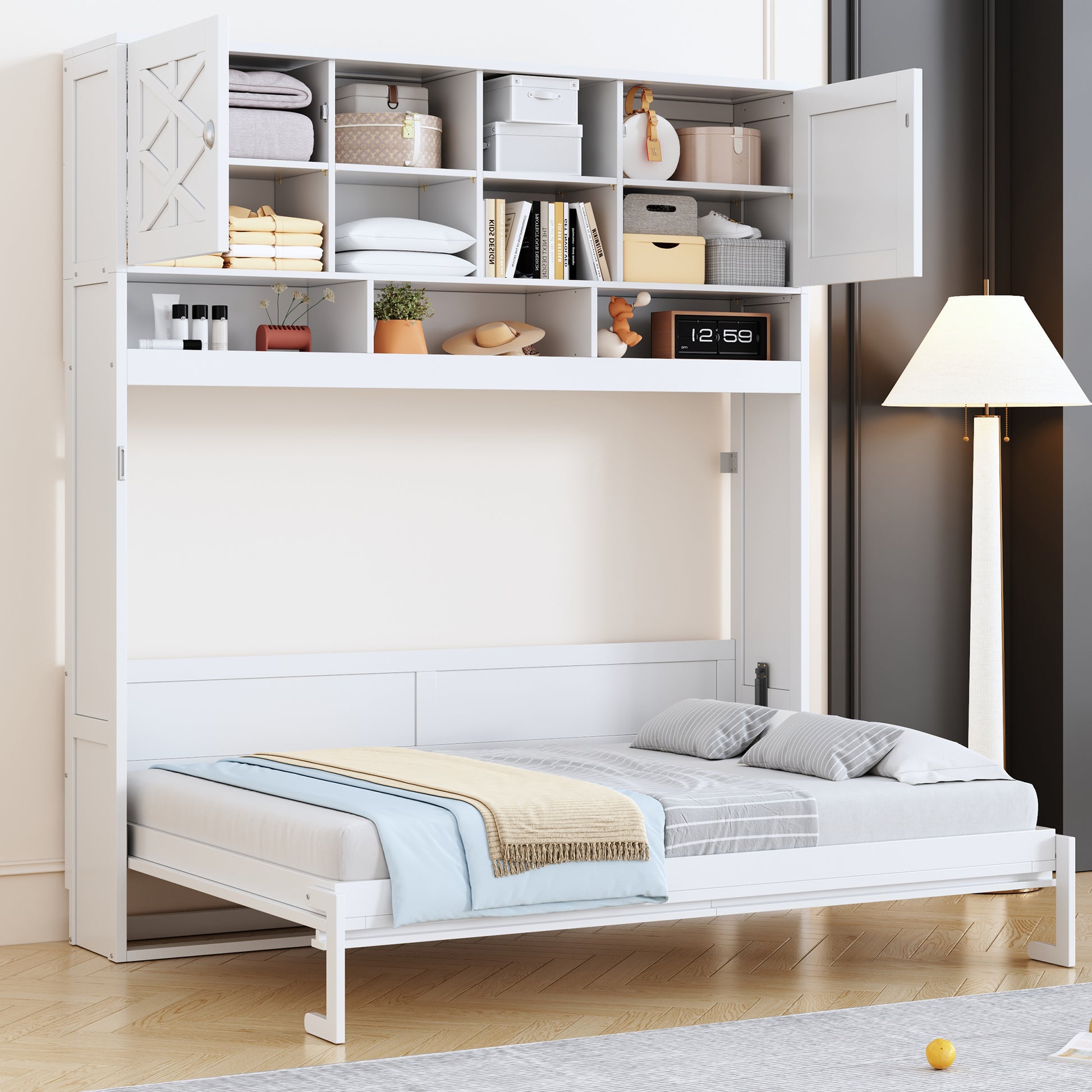 Queen Size Wall Murphy Bed with Ample Storage Space and Diamond Stripes in White
