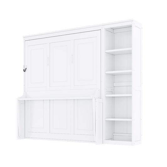 White Full Size Murphy Bed with Desk and Bookshelf - Space Saving Design