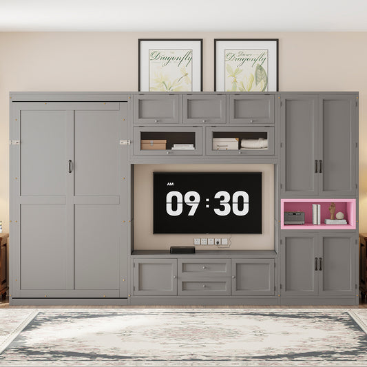 Twin Size Wooden Murphy Bed with TV Stand - Space Saving Gray Design