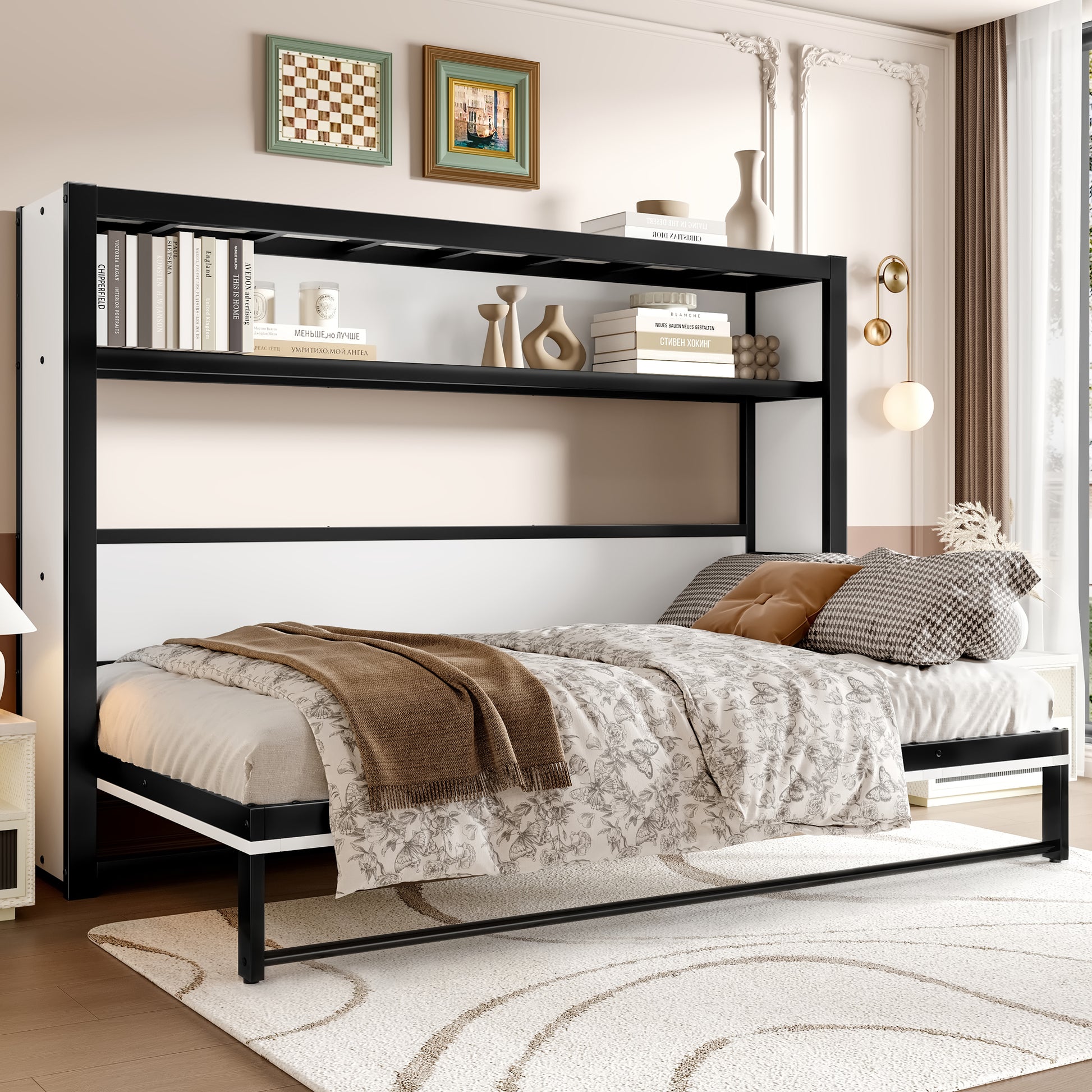 Twin Size Murphy Bed with Shelves - Space-Saving Metal Wall Bed in White