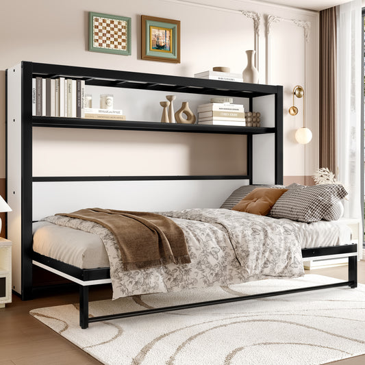 Twin Size Murphy Bed with Shelves - Space-Saving Metal Wall Bed in White