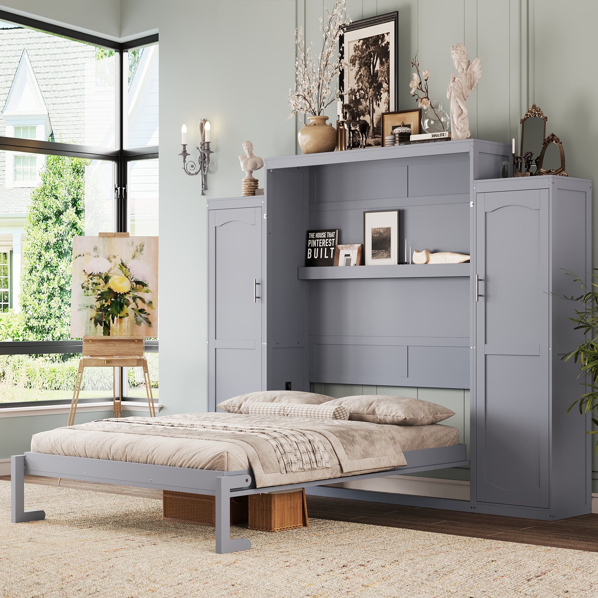 Queen Size Murphy Bed with Wardrobe and Storage Shelf - Space Saving Gray Wooden Bedframe