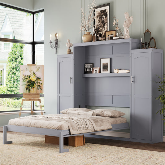Queen Size Murphy Bed with Wardrobe and Storage Shelf - Space Saving Gray Wooden Bedframe